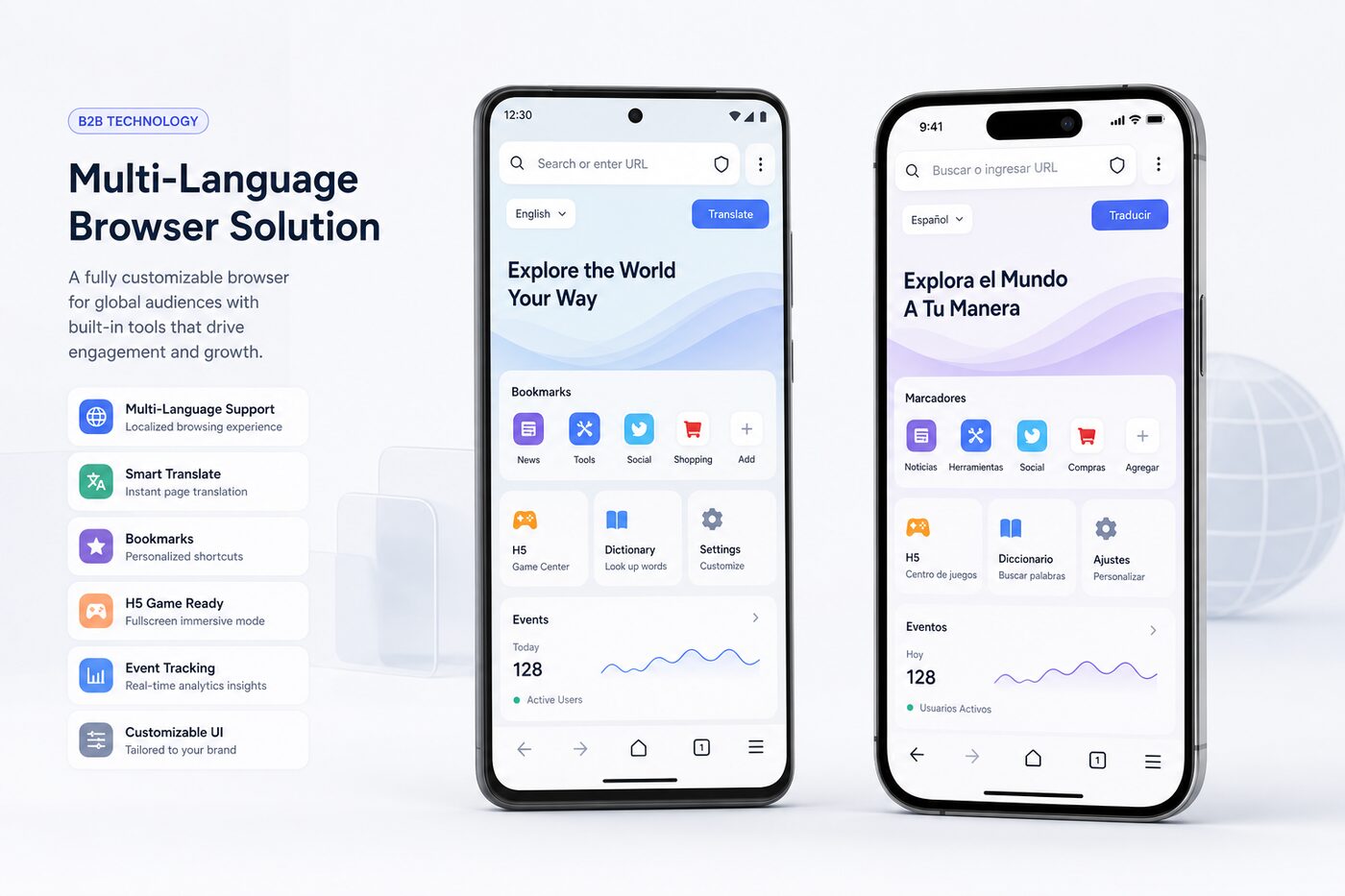 Customized Android and iOS browser app mockups with bookmarks, translation, H5 game, and tracking features